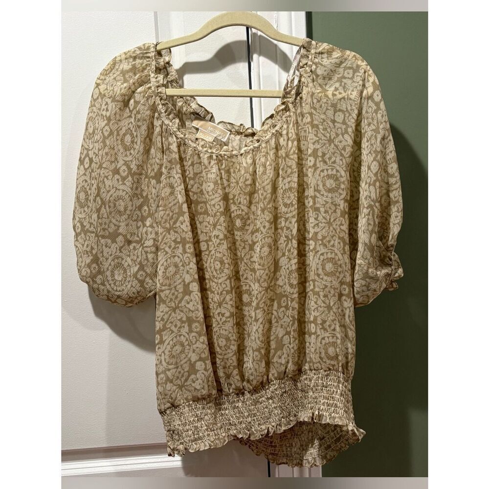 Michael Kors Beige Cream Floral Smocked-Hem Peasant Blouse
